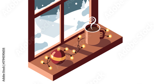 Cozy winter scene with hot drink and fairy lights on wooden window sill