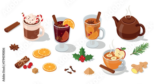 Isometric winter beverages with cinnamon, mulled wine, and hot chocolate