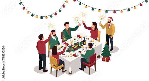 Festive celebration with friends at christmas, isometric holiday dinner party