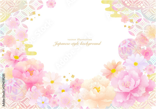 ふんわりやしい和柄と花の背景素材
