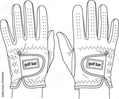 Golf Glove Line Drawing Set Featuring Detailed Black and White Sportswear Illustrations