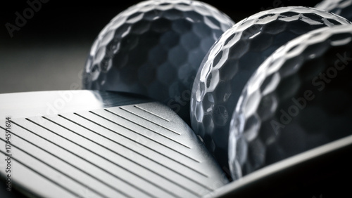 Closeup of golf balls and iron golf club face