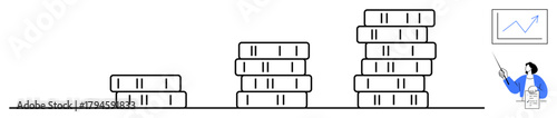 Stacked coins increasing in height and person pointing to growth chart. Ideal for finance, investment, savings, education, business strategies, economic growth, career planning. Simple flat metaphor