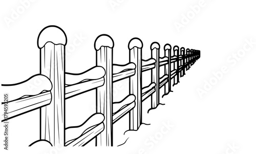Black and White Line Drawing of Wooden Fence Covered in Snow Extending into Perspective, Winter Landscape Element