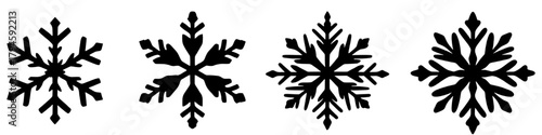 four unique black and white snowflake illustrations on a transparent background