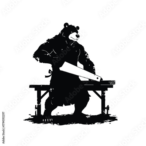Bear sawing wood on table black and white vector illustration construction