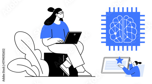 Woman using laptop, AI brain chip symbolizing technology, person earning certificate. Ideal for technology, education, innovation, digital learning, artificial intelligence, achievements simple flat