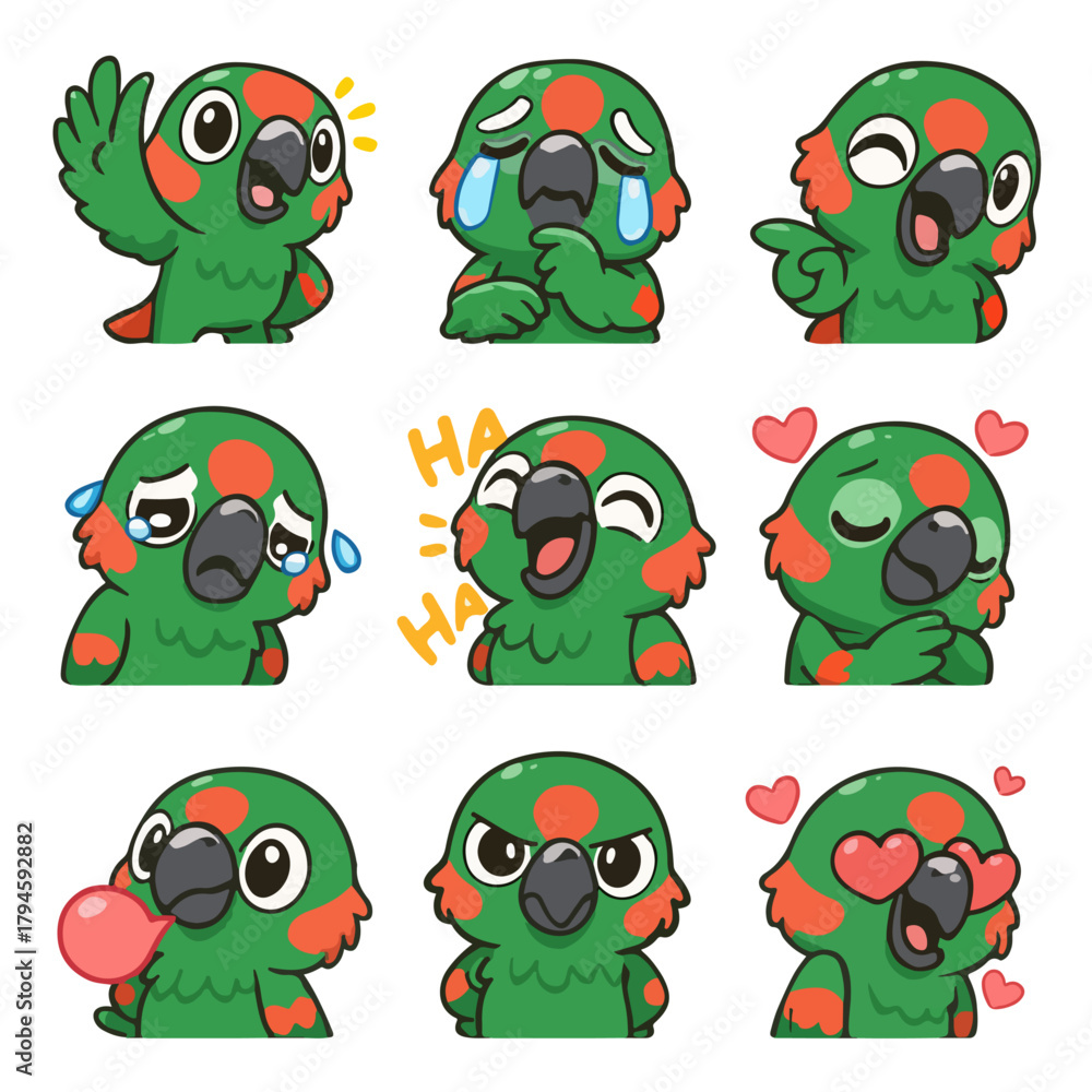 Fototapeta premium A set of cute anime parrots illustrations doing different activities with different expressions.Stickers or badges. Alexandrine Parakeet
