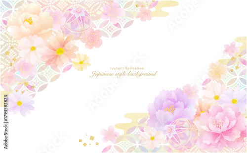 ふんわりやしい和柄と花の背景素材