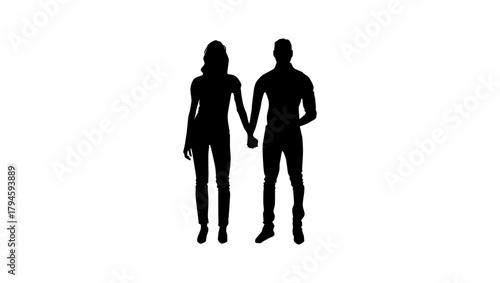 man and woman holding hands, black isolated silhouette
