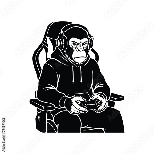 Gorilla gamer sitting in gaming chair with headphones playing video games and using controller
