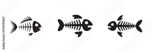 Black fish bone, fishbone isolated skeleton vector silhouettes, vector illustration of dead fish, vector illustration EPS 10.