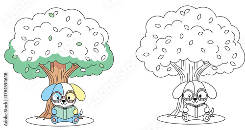 Smart Cartoon Puppy with Glasses Reading a Book Under a Tree - Educational Coloring Page for Kids
