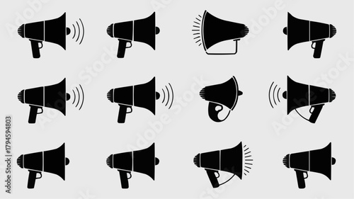 Megaphone Icons: A collection of various megaphone icons, each a symbol of announcement, amplification, and communication, rendered with simplicity and clarity against a consistent backdrop.