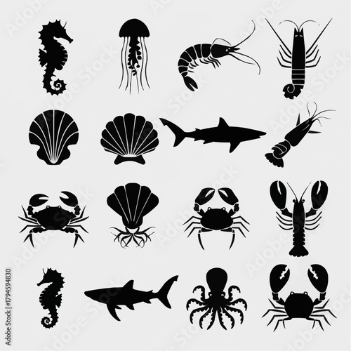 Underwater Collection: A comprehensive compilation of aquatic life silhouetted against a plain backdrop, showcasing diverse marine animals.