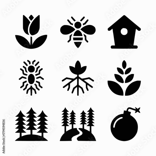 Eco Icons Array: A collection of ecological icons, each a testament to the world's natural diversity and the delicate balance of its ecosystems. This array encompasses the beauty of flora and fauna.
