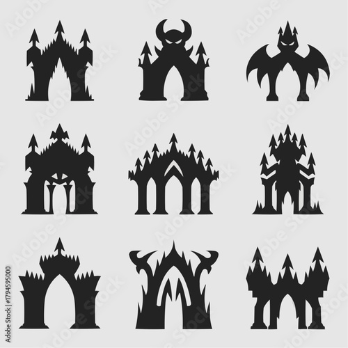 Spooky Architectural Ensemble: A compilation of eerie castle illustrations, each silhouette embodying an array of gothic architectural styles, conjuring a sense of mystery and foreboding. 