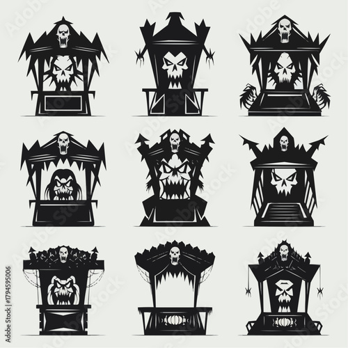 Spooky Cart Designs: A collection of eerie cart designs, each adorned with menacing skull motifs and intricate architectural details, exuding an atmosphere of spooky Halloween fright.