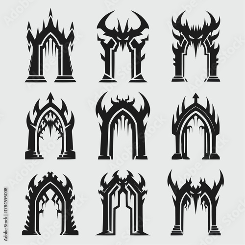 Gothic Archway Collection: A dark and intriguing collection of nine stylized gothic archway designs, exuding a sense of mystery and ancient beauty. The collection is perfect for projects on medieval.