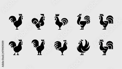 Rooster Silhouette Collection: An artistic array of rooster silhouettes, each one exuding its unique pose, capturing the essence of the spirited bird in striking simplicity.