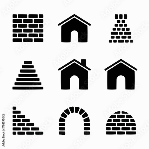 Architectural Silhouette: A collection of minimalist icons showcases various brick-based architectural elements, from walls and houses to arches and structures, representing building and design.