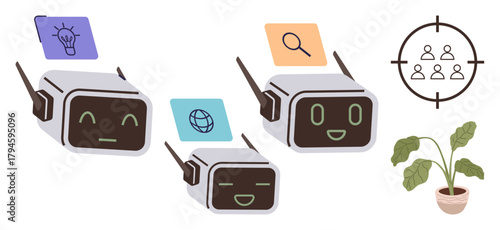 Chatbots with varied expressions alongside icons for innovation, search, and connectivity. Circular group focus target and potted plant enhance conceptual balance. Ideal for AI, teamwork, service