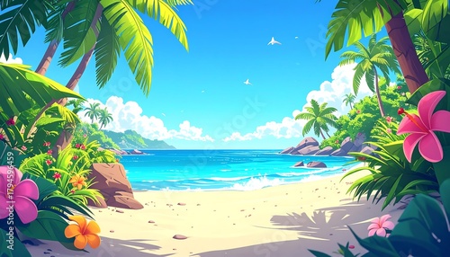 Fototapeta Naklejka Na Ścianę i Meble -  A vibrant cartoon tropical beach scene with palm trees, clear turquoise water, and bright flowers