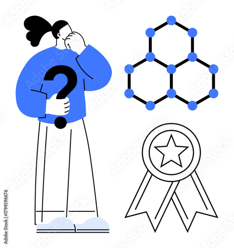 Pondering woman with a question mark surrounded by molecular diagram and star ribbon. Ideal for research, problem-solving, innovation, education, decision-making, achievement, motivation. Simple flat