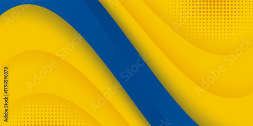 Abstract yellow and blue geometric curve overlap layer background with halftone dots decoration. Modern horizontal banner template design. Suit for cover, header, poster, banner, website, business