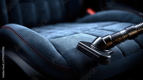 Close-up of car seat being vacuumed, showing dark upholstery with red stitching