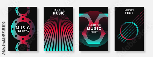 Abstract gradient music poster set design on dark background. Electro Sound Cover template with geometric shape. Suitable for party, festival, flyer, social media, banner. Vector