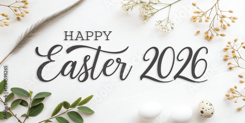 Happy Easter greeting with natural elements text calligraphy