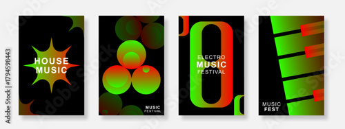 Abstract music poster design set on dark background. Minimalist Electro Sound Cover template with gradient geometric shape. Suitable for flyer, party, festival, club. Vector
