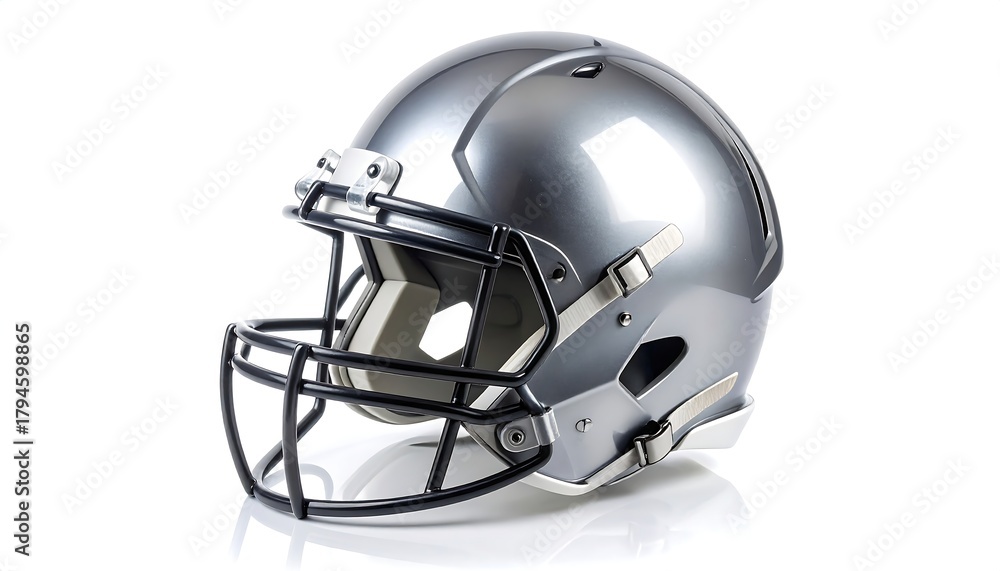 Fototapeta premium A shiny, metallic silver and grey American football helmet isolated on a bright white background with a faint reflection