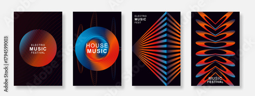 Modern music poster design background set. Minimalist Electro Sound Cover template with geometric shape. Suitable for flyer, festival, party, club, social media, banner. Vector