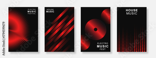 Red gradient music poster set on dark background. Electro Sound Cover template with geometric shape design. Suitable for concert party, social media, festival, club, banner. Vector