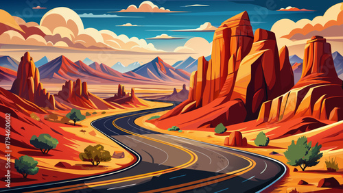 Very beautiful road winding through Valley of Fire State Park in Nevada, featuring dramatic red sandstone formations, sweeping desert vistas, and a striking contrast between the paved roadway and the 