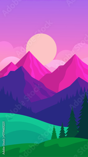 Illustration of mountain range with trees and sun