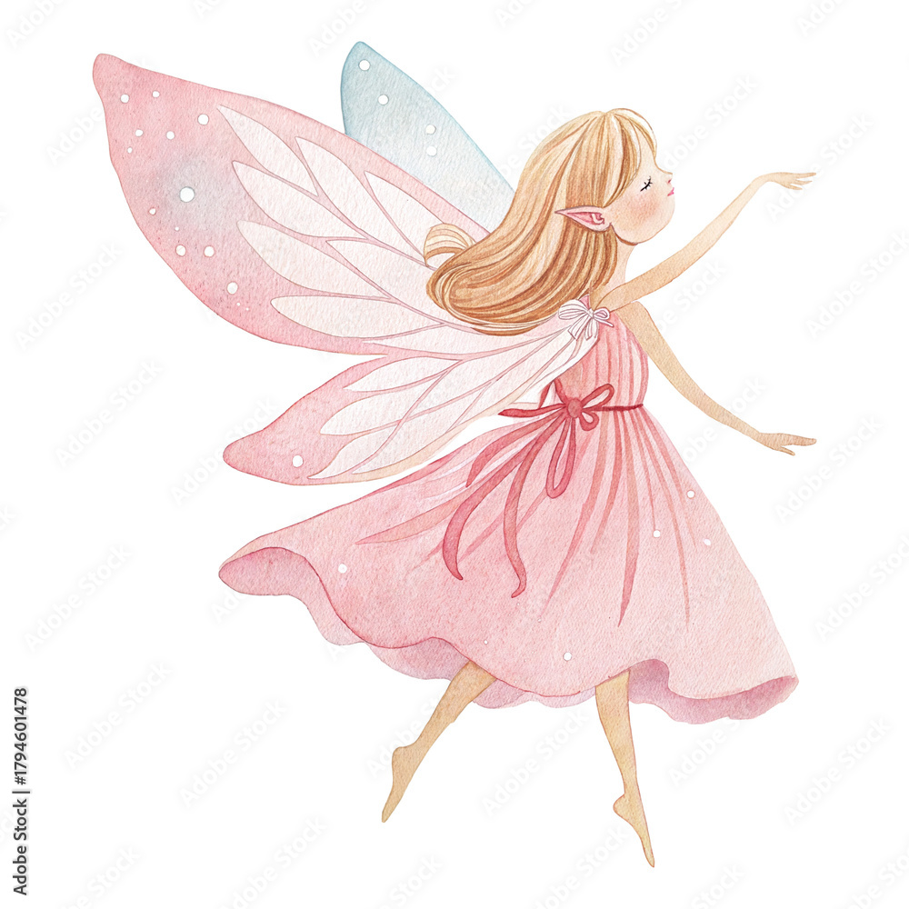 Naklejka premium Watercolor Fairy Clipart PNG – Pink Dress Flying Fairy Illustration, Cute Fantasy Art