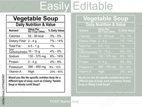 Vegetable Soup Nutrition Facts Label Template Editable Design daily value calories.