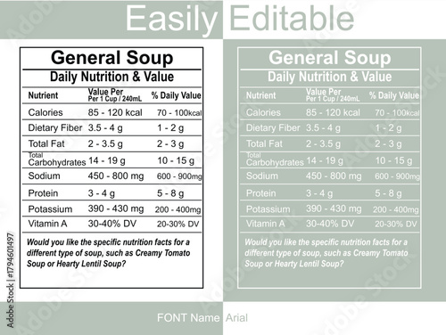 General Soup Nutrition Facts Label Template Editable Design daily value calories