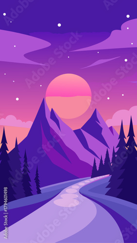 Illustration of mountains and trees at sunset time
