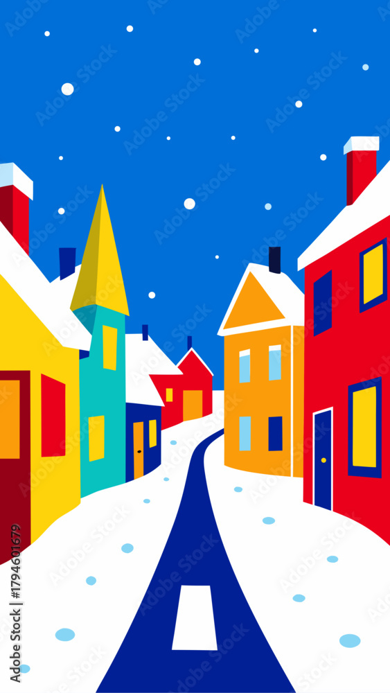 Obraz premium Colorful winter town street scene with snow falling