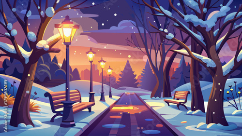 A serene nighttime scene featuring quiet park paths, benches dusted with snow, and warm glowing lamps casting a romantic and cozy atmosphere