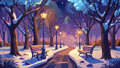 A serene nighttime scene featuring quiet park paths, benches dusted with snow, and warm glowing lamps casting a romantic and cozy atmosphere