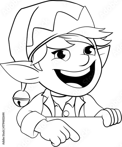 Christmas elf Santa Claus helper cartoon character peeking around a sign illustration