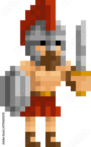 A spartan or trojan ancient Greek warrior or Roman gladiator fantasy cartoon character in a video game sprite pixel art style. 18 squares wide by 29 high
