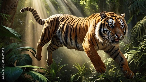 Tiger Ambushes Prey in Tropical Forest