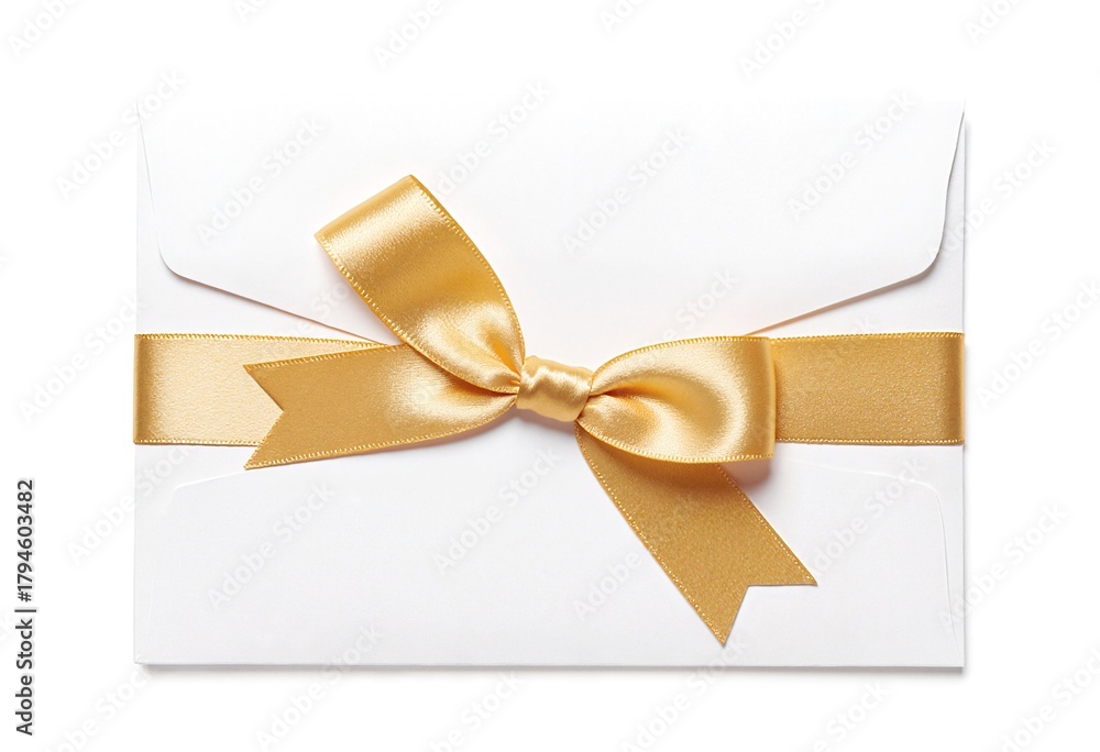Fototapeta premium Blank gift card or invitation envelope with a golden satin ribbon bow