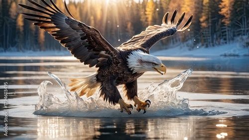 Eagle Swoops Down to Catch Fish in the Lake
